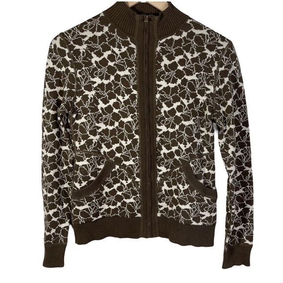 Title Nine Brown Floral Print Full Zip Sweater Women's Size S Pockets - Picture 1 of 10